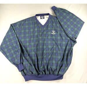 Vintage Plaid Pullover Windbreaker Jacket Men's XL Golf V Neck 90s Blue Green